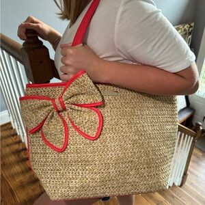 Kate Spade Tan Straw Tote with Red Orange Trim
